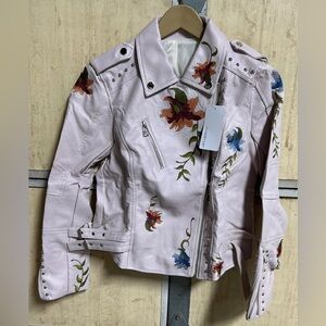 Womens Embroidered Studded Faux Leather Moto Jacket Small